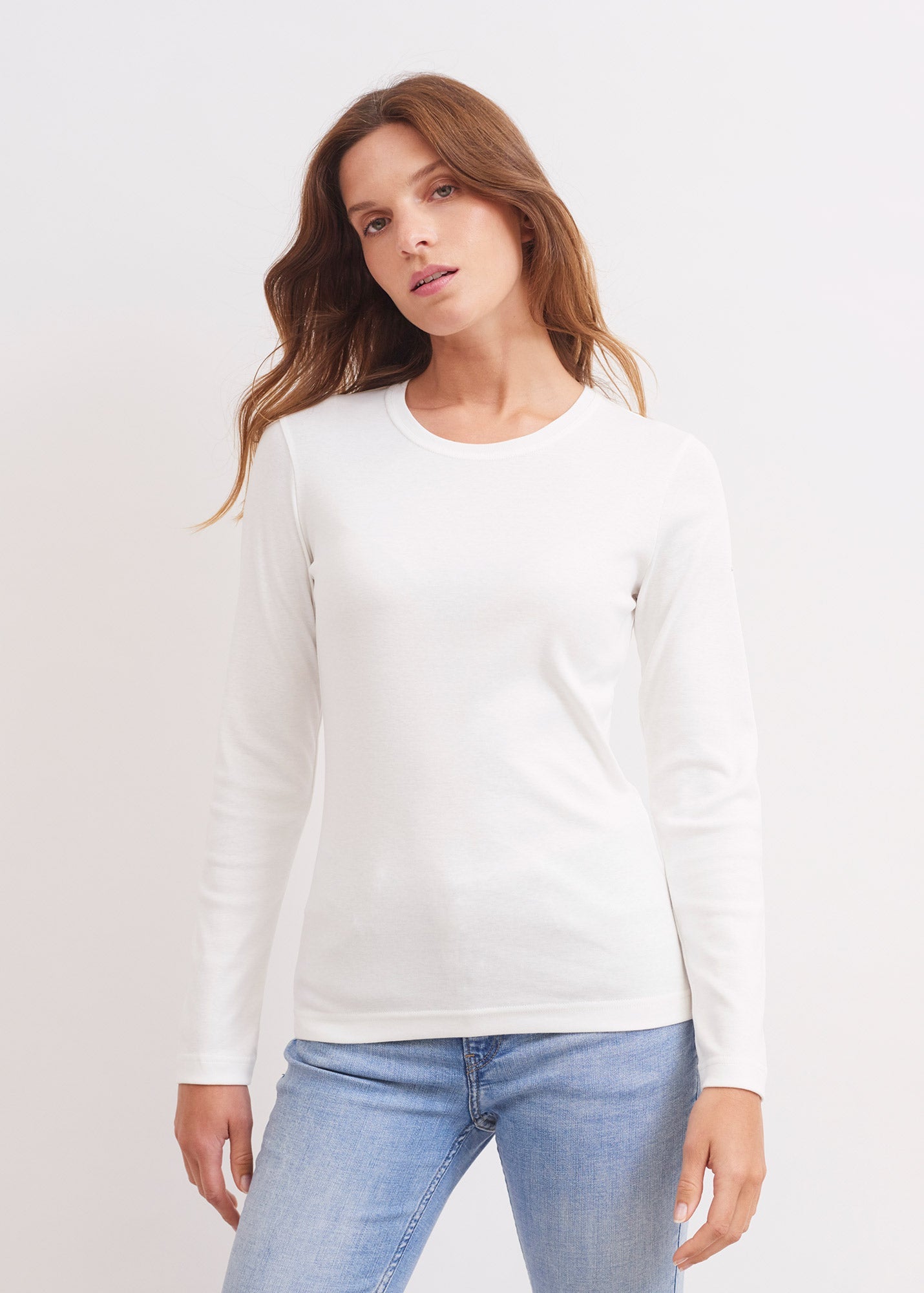 T-shirt manches longues Celina - col rond, en coton uni (MARINE)