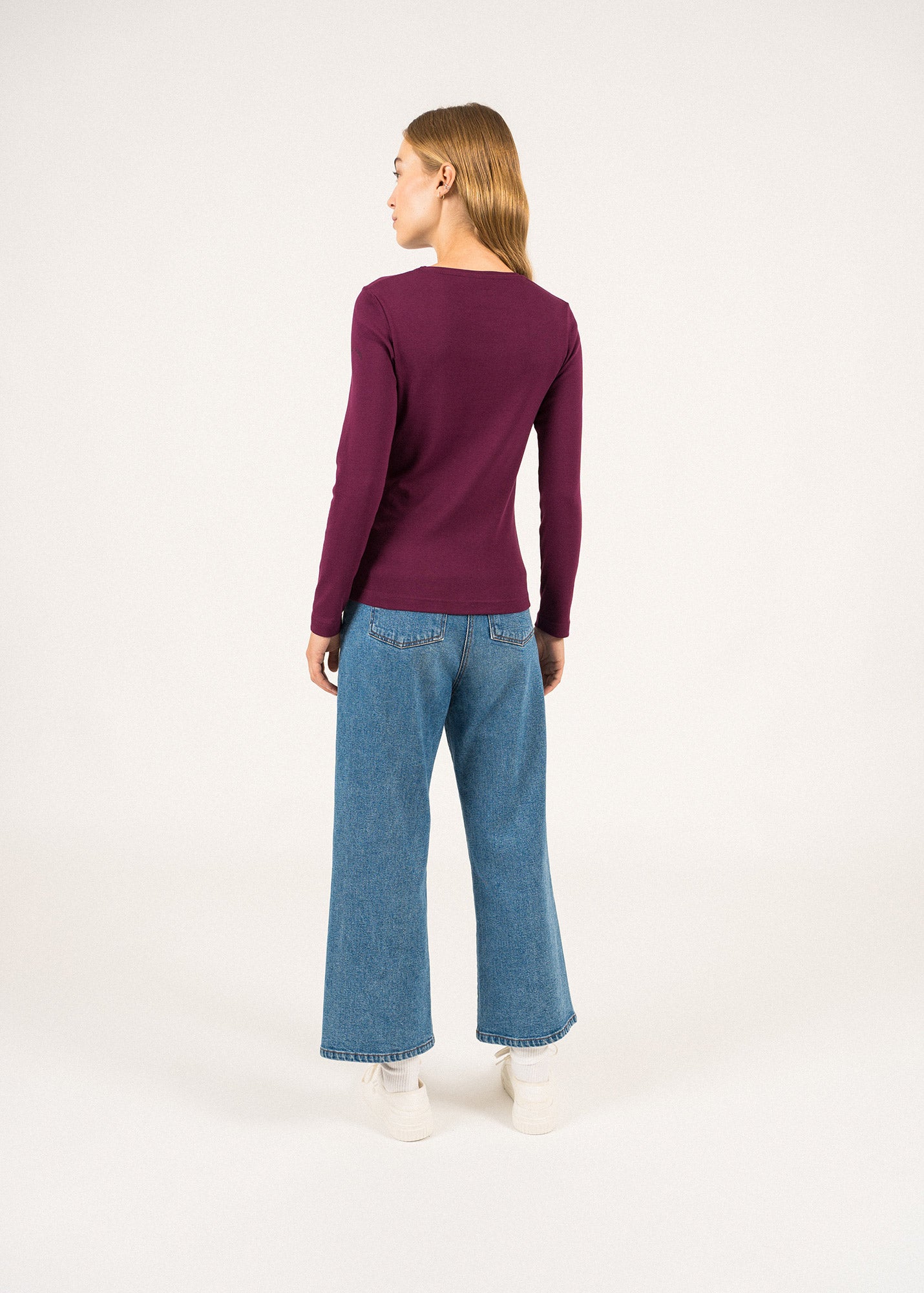 T-shirt manches longues Celina - col rond, en coton uni (PRUNE)
