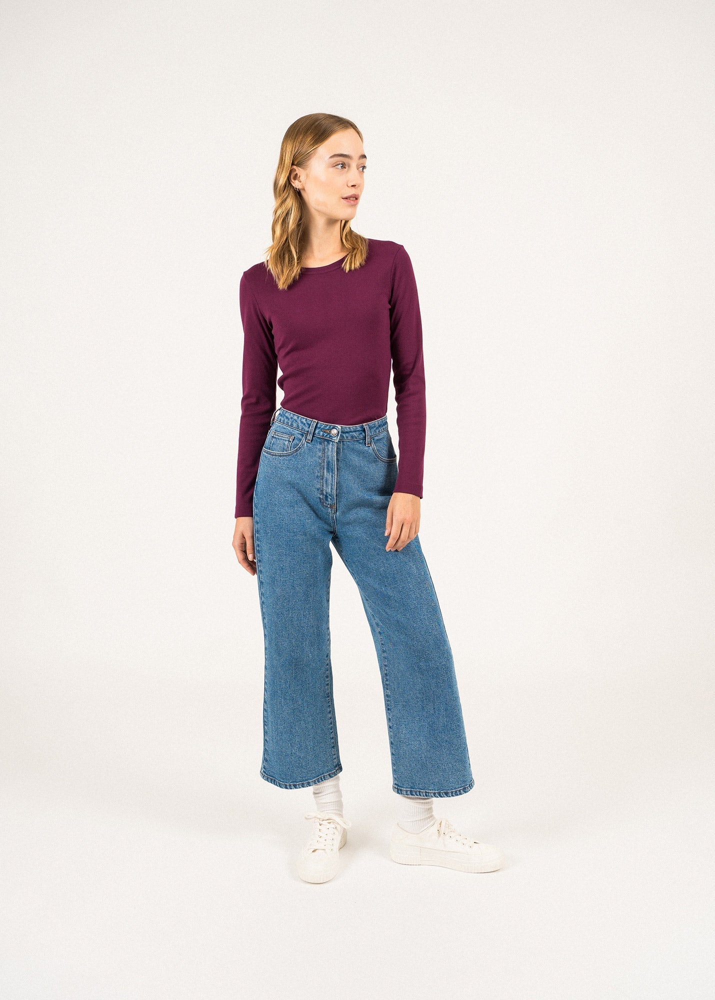 T-shirt manches longues Celina - col rond, en coton uni (PRUNE)