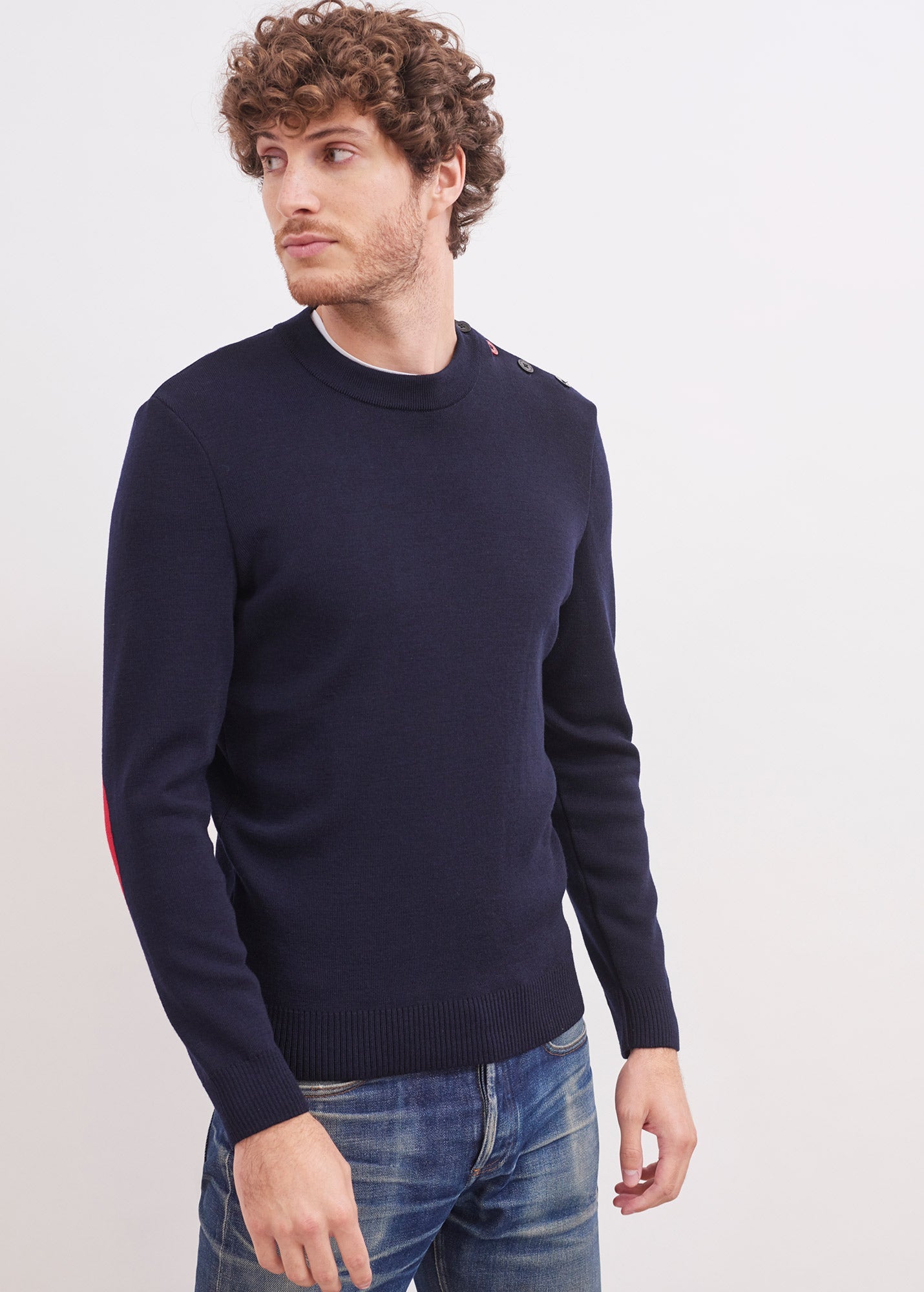 Pull Mondiovision France - en laine, à coudières contrastées (NAVY/MULTICO)
