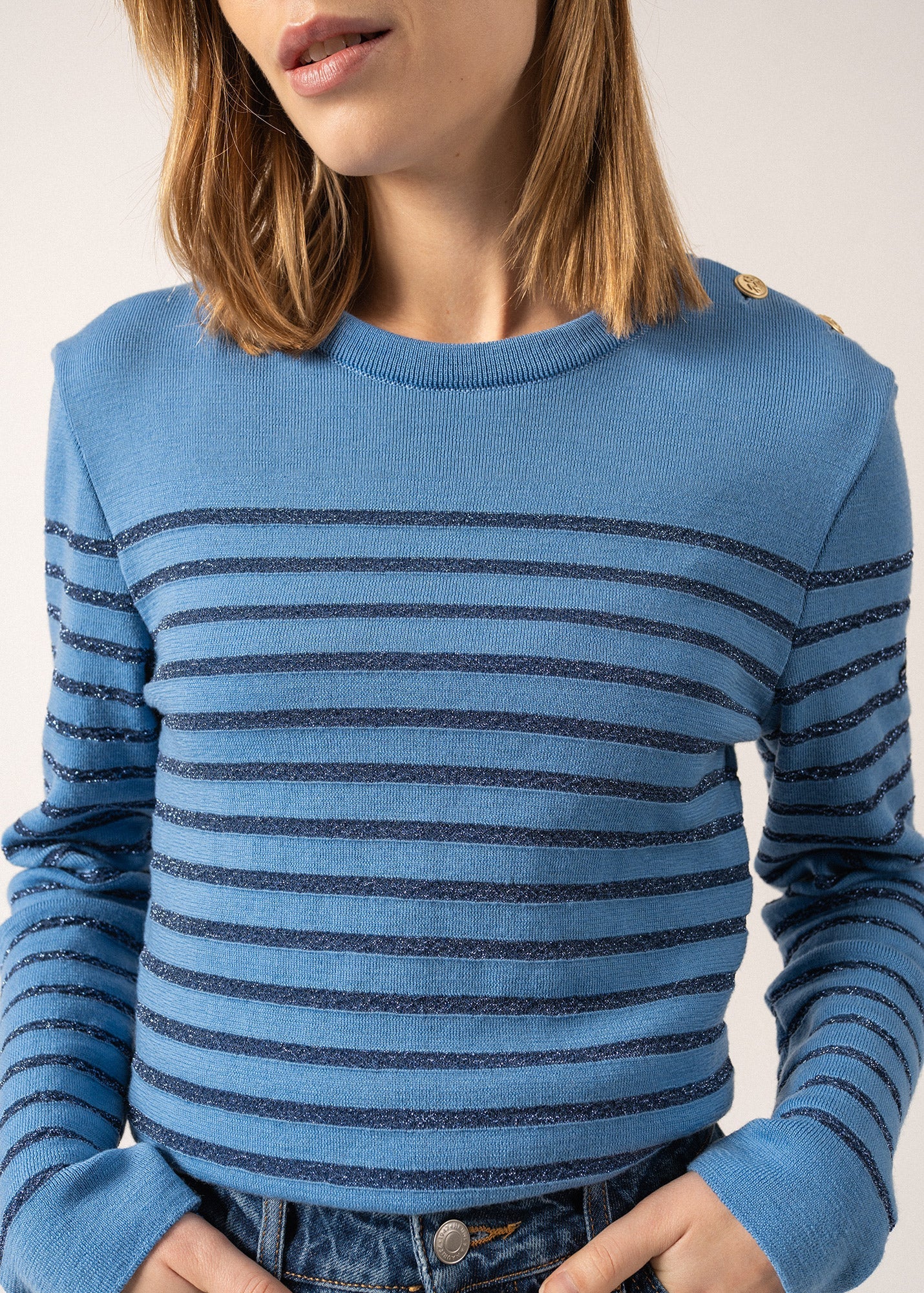 Pull marin Marée II Lurex - à rayures lurex, en laine confort (OXYGENE/BLEU)