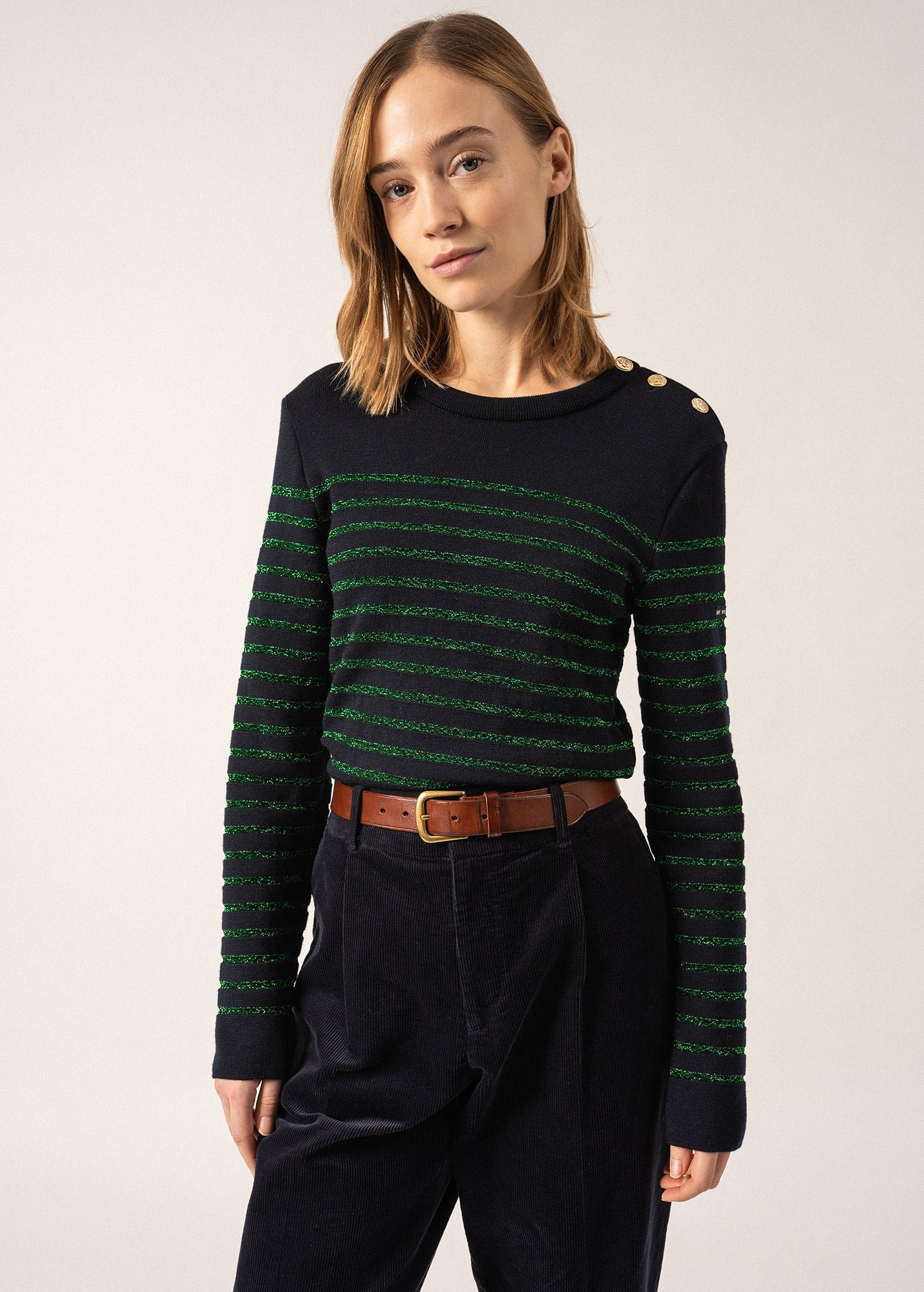 Pull marin Marée II Lurex - à rayures lurex, en laine confort (NAVY/VERT)