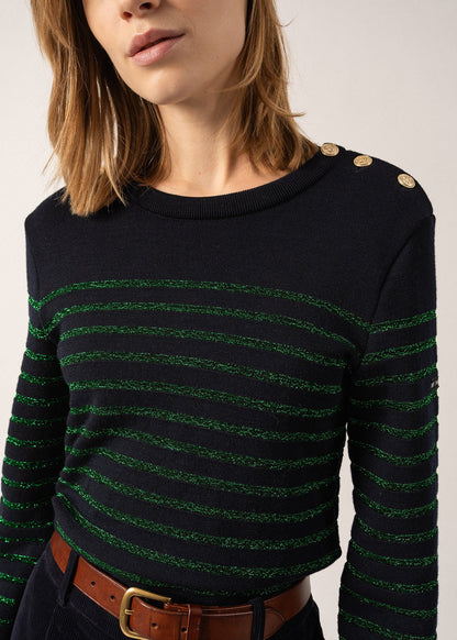 Pull marin Marée II Lurex - à rayures lurex, en laine confort (NAVY/VERT)