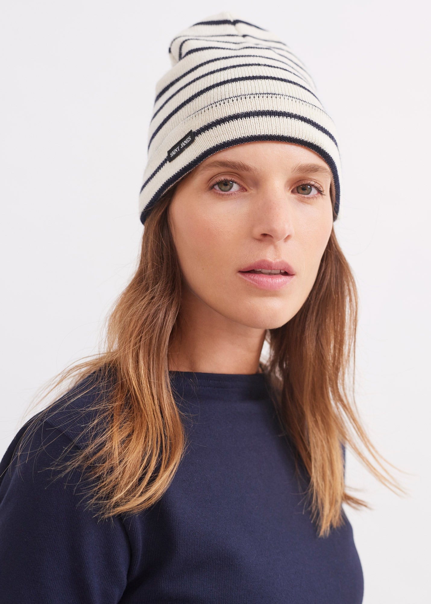 Bonnet de quart rayé - en pure laine vierge (NAVY/MEDOC)