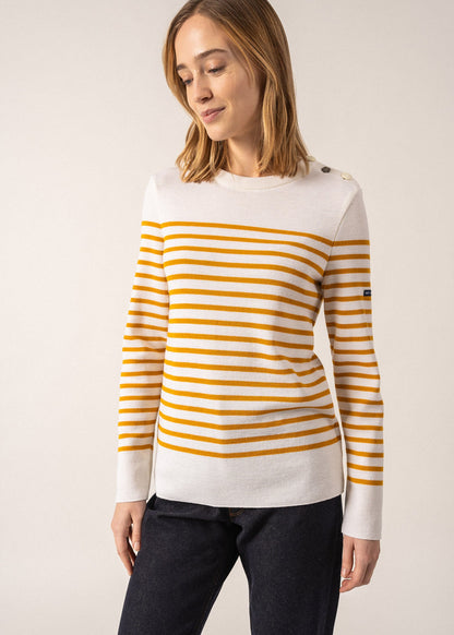 Pull marin rayé Brégançon - à coudières contrastées (BLANC/AMBRE/JEAN)