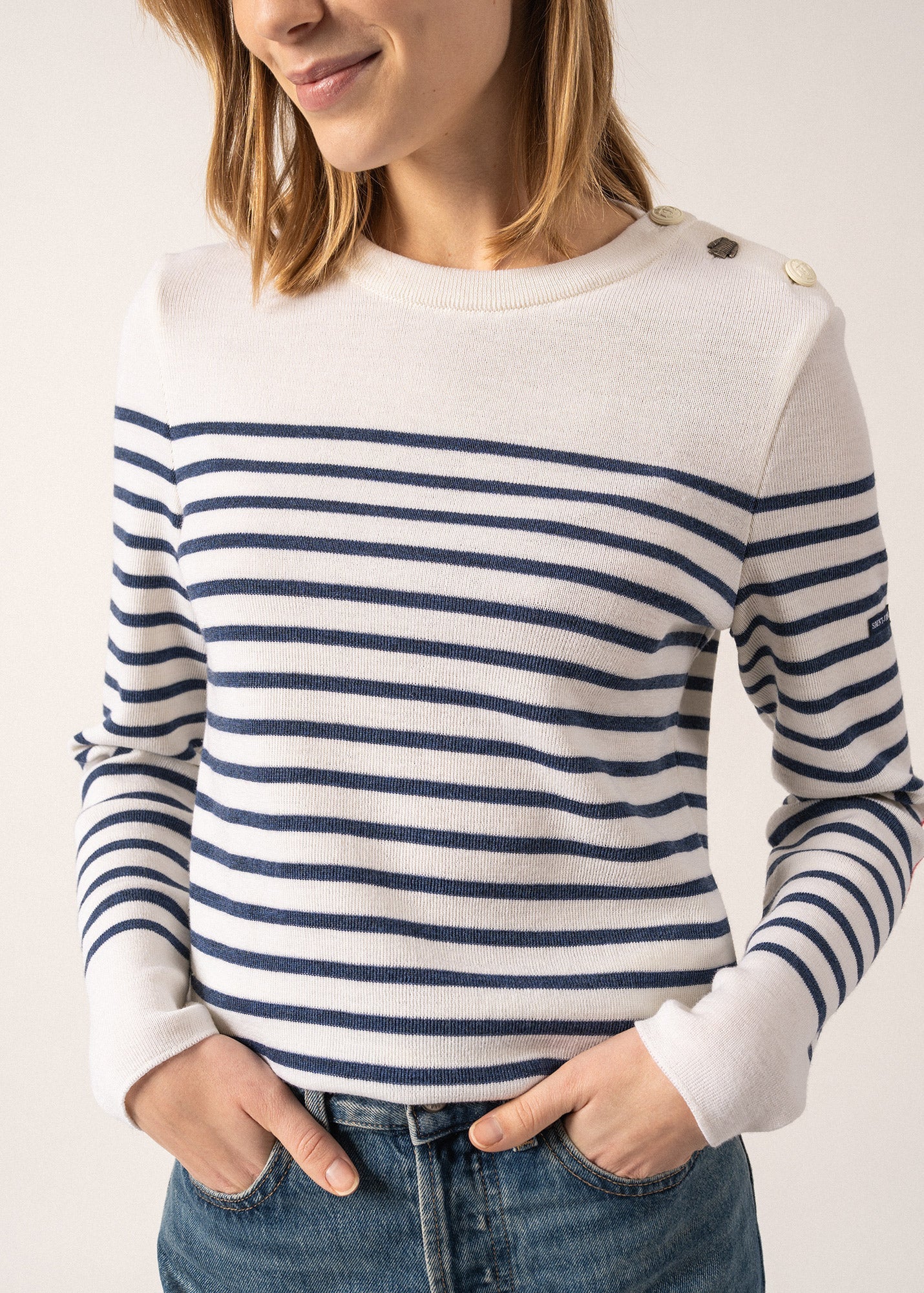 Pull marin rayé Brégançon - à coudières contrastées (BLANC/JEAN/DOLY)