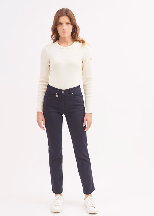 Pantalon droit Patricia - taille élastiquée en coton stretch (NAVY)