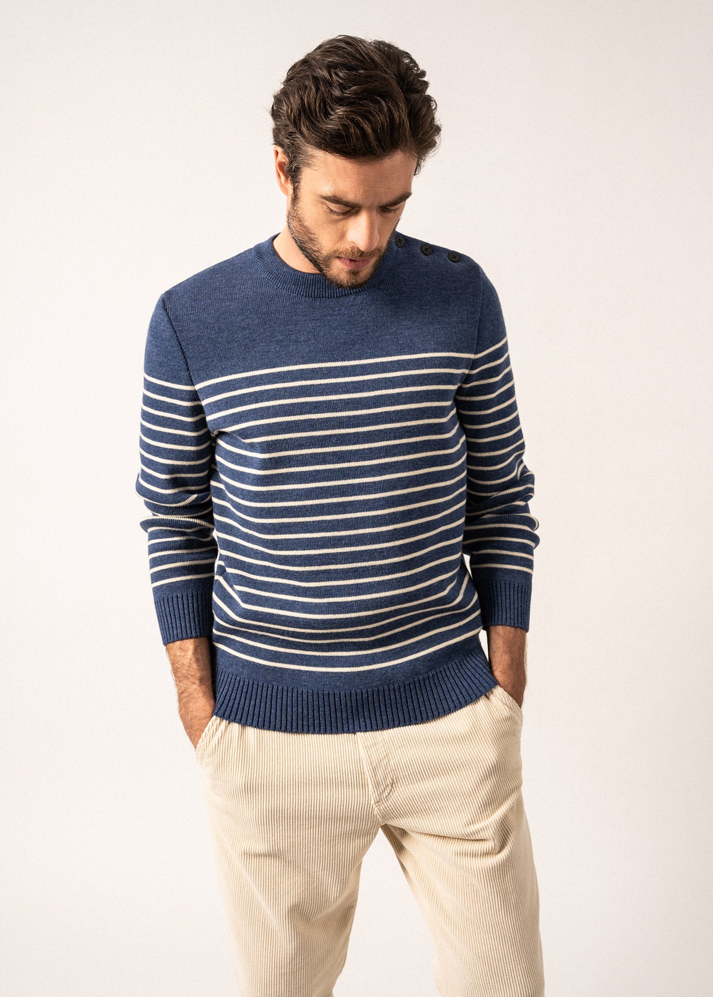 Pull marin rayé Binic - avec coudières contrastées (JEAN/ECRU/MARINE)