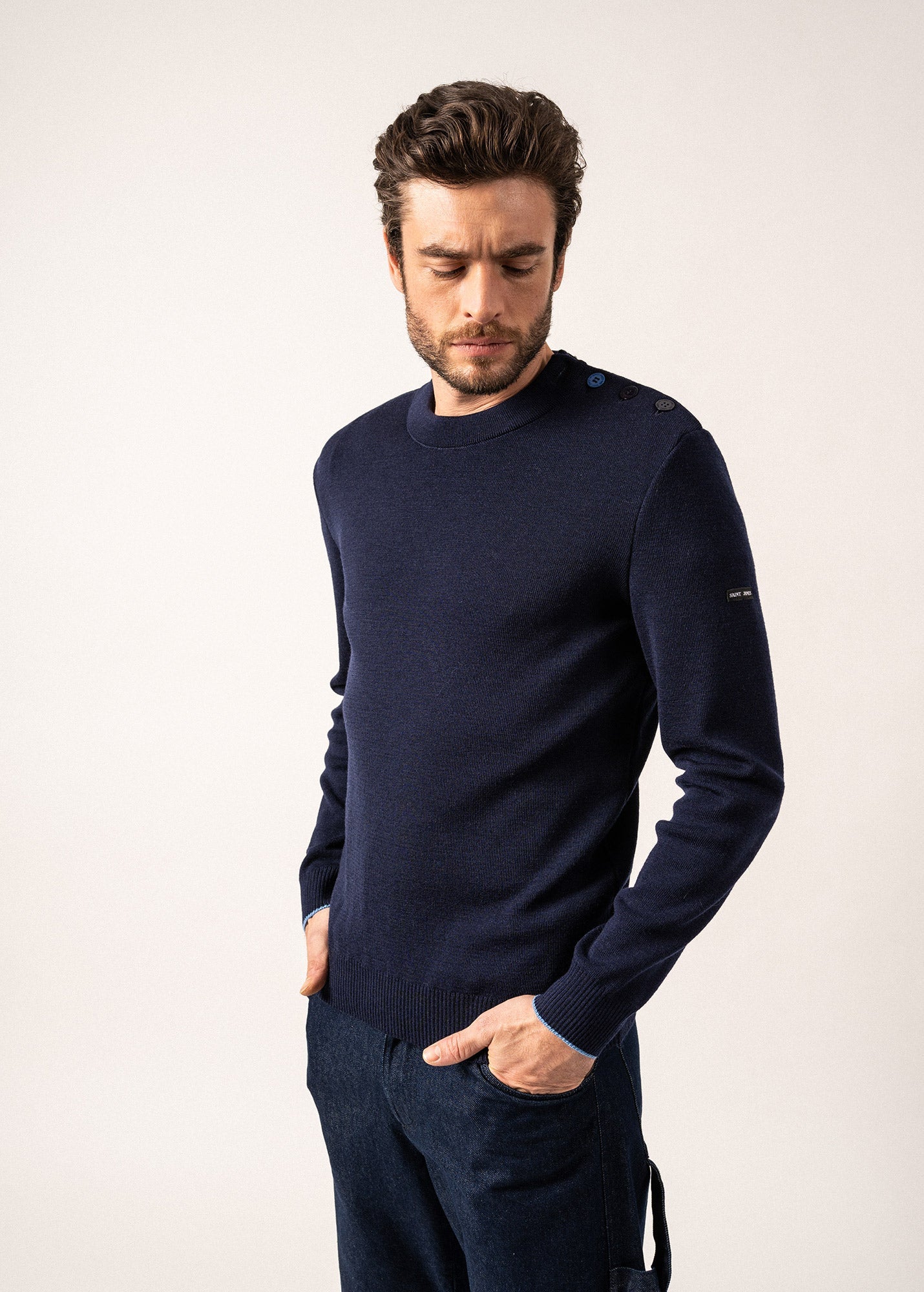 Pull marin en laine Rives - à col rond boutonné (INSIGNE/OXYGENE)