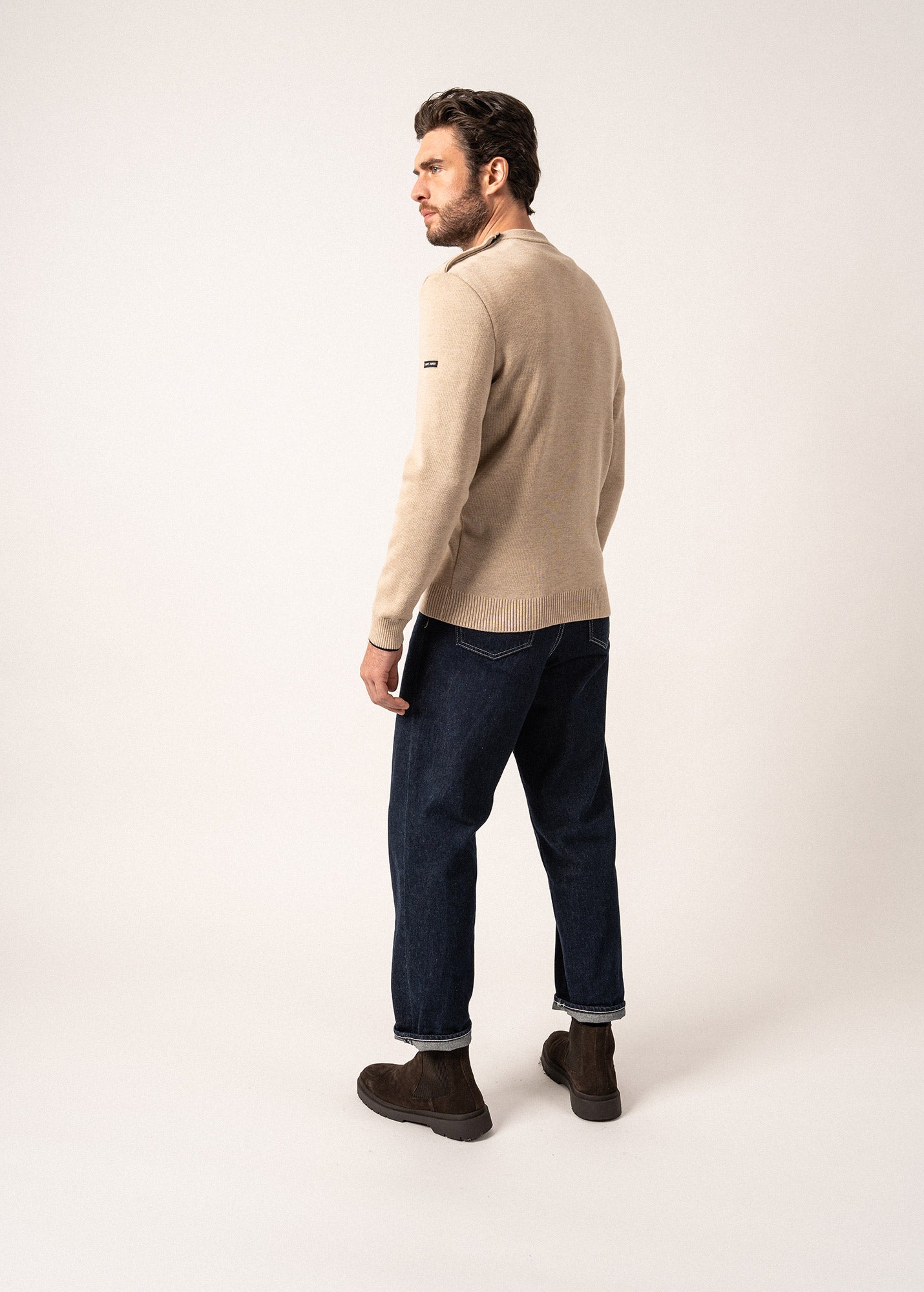 Pull marin en laine Rives - à col rond boutonné (BEIGE/NAVY)