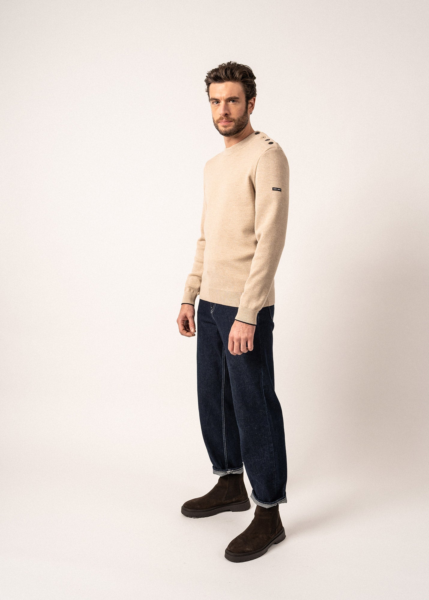 Pull marin en laine Rives - à col rond boutonné (BEIGE/NAVY)