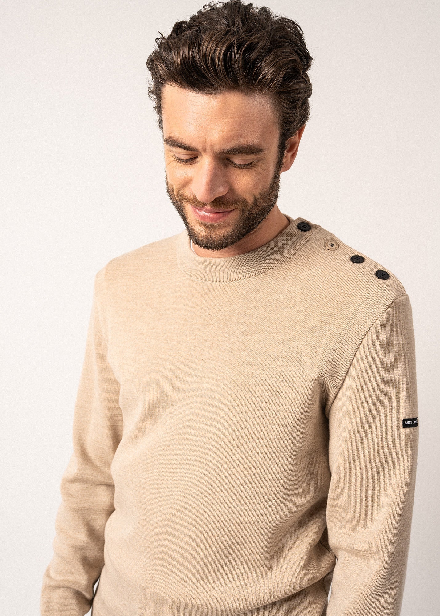 Pull marin en laine Rives - à col rond boutonné (BEIGE/NAVY)