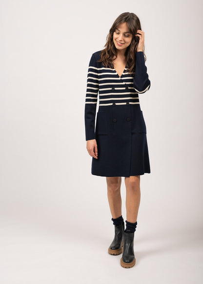 Robe rayée en laine Royale - à col V croisé (ECUME/NAVY)