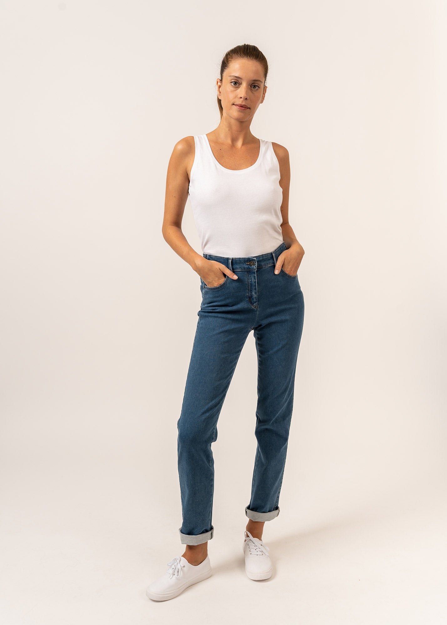 Pantalon droit Patricia - taille élastiquée en coton stretch (DENIM)