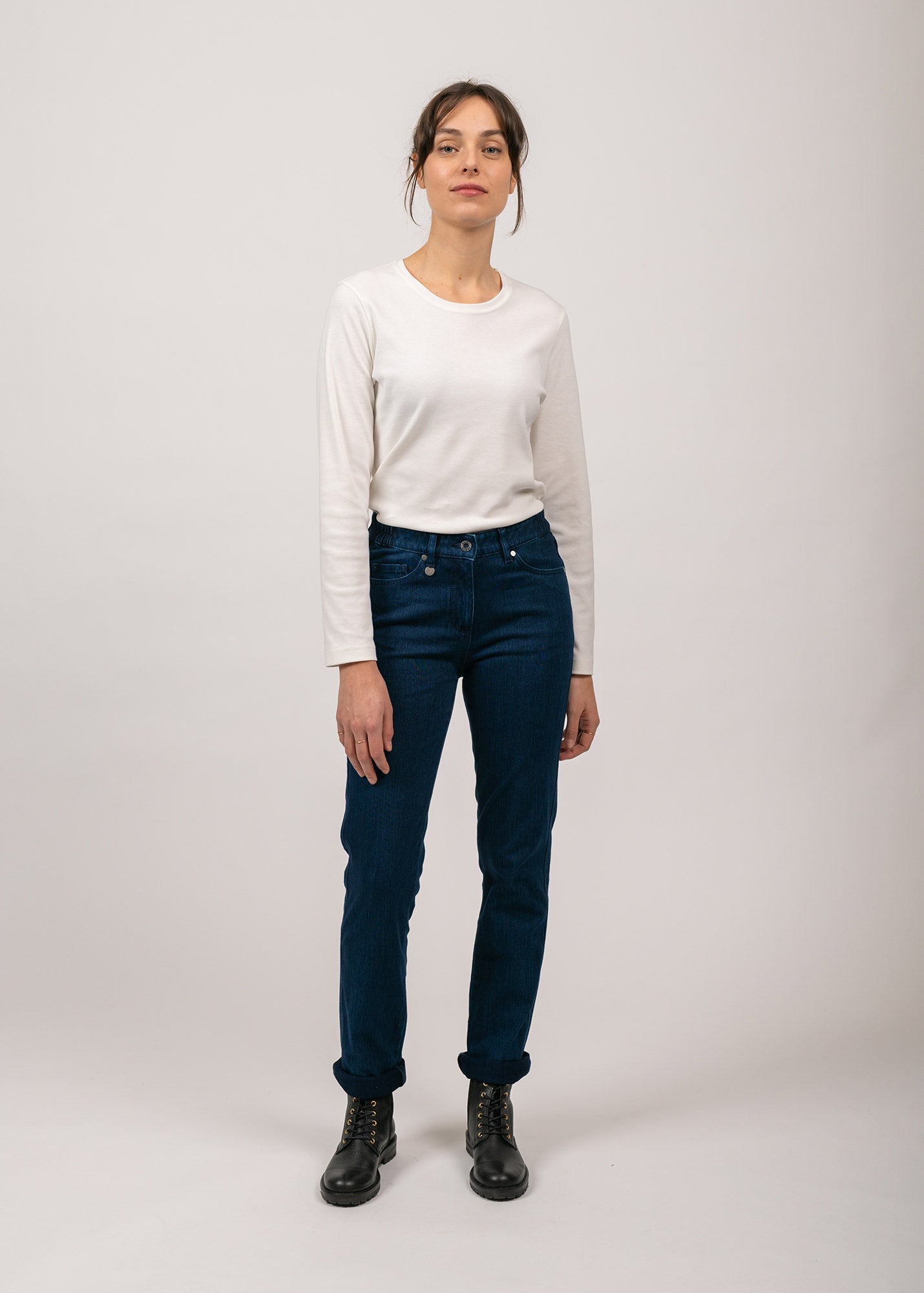 Pantalon droit Patricia - taille élastiquée en coton stretch (DENIM)