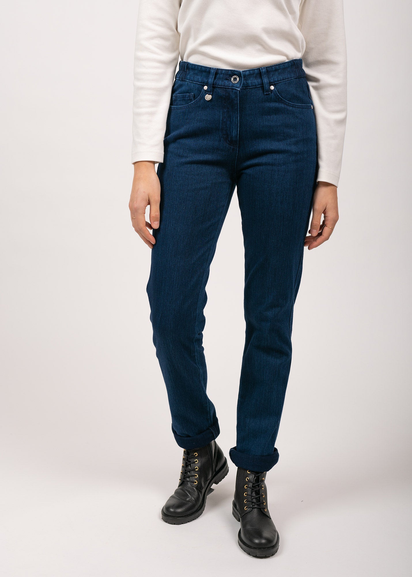 Pantalon droit Patricia - taille élastiquée en coton stretch (DENIM)