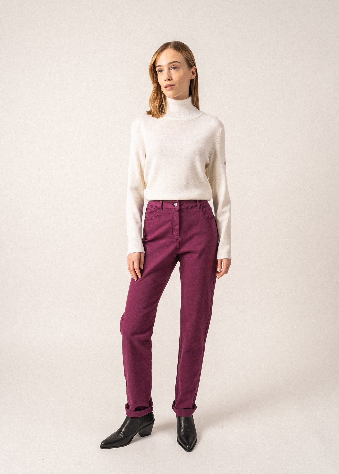 Pantalon droit Patricia - taille élastiquée en coton stretch (PRUNE)