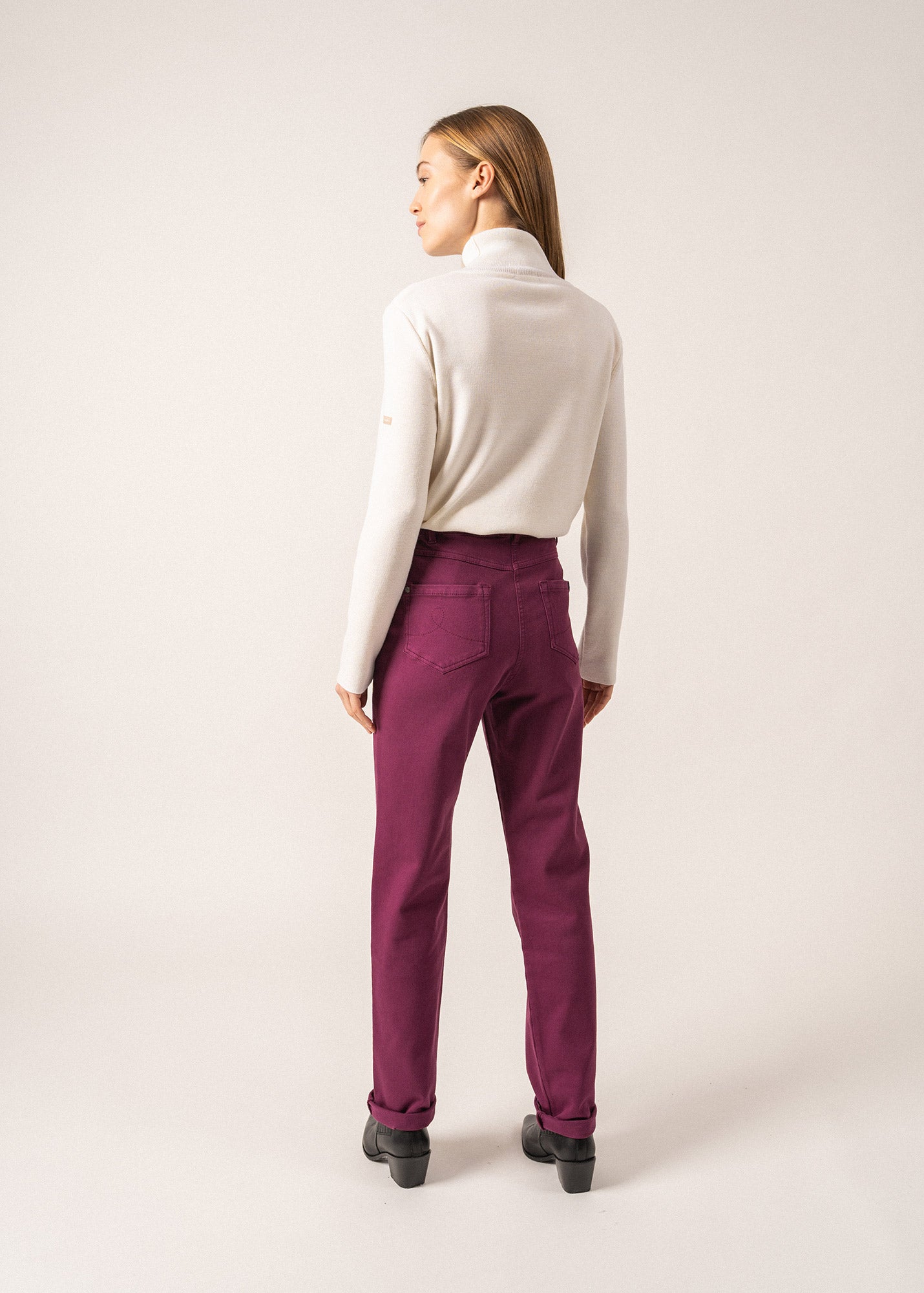 Pantalon droit Patricia - taille élastiquée en coton stretch (PRUNE)