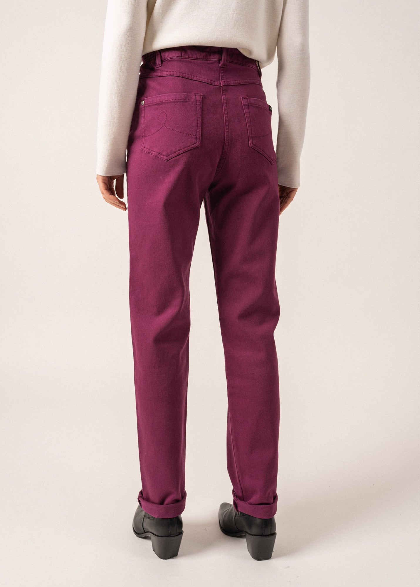 Pantalon droit Patricia - taille élastiquée en coton stretch (PRUNE)