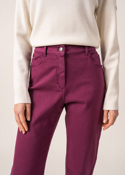 Pantalon droit Patricia - taille élastiquée en coton stretch (PRUNE)