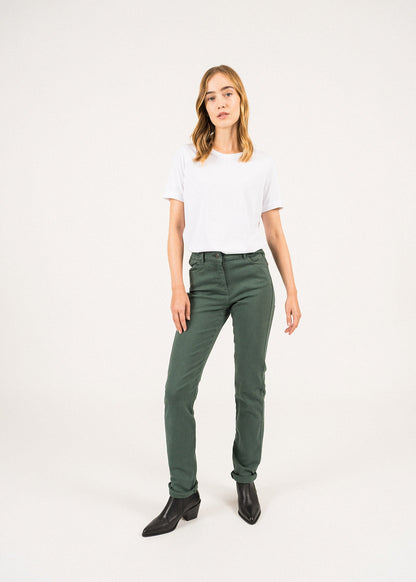 Pantalon droit Patricia - taille élastiquée en coton stretch (VEGETAL)