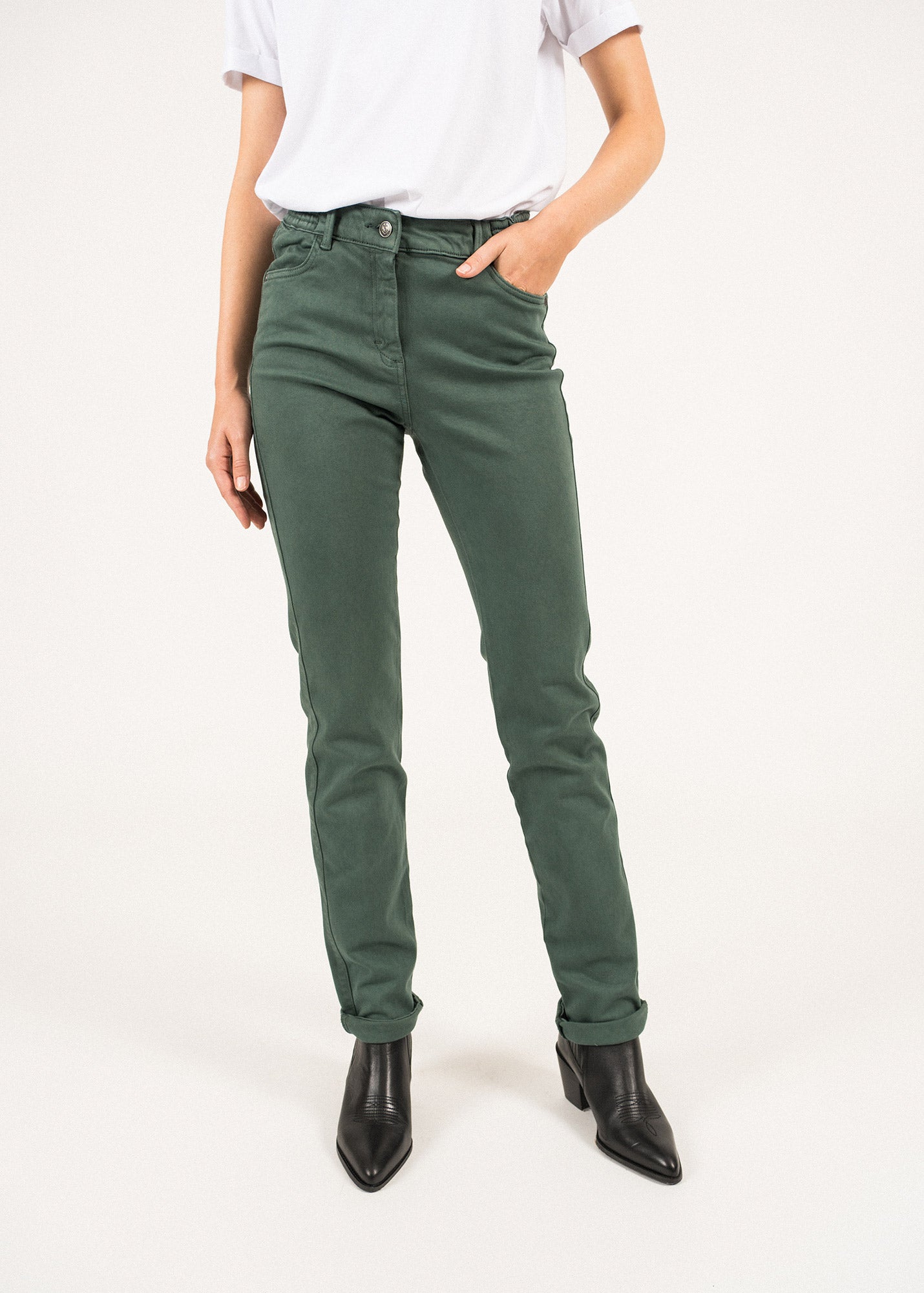 Pantalon droit Patricia - taille élastiquée en coton stretch (VEGETAL)