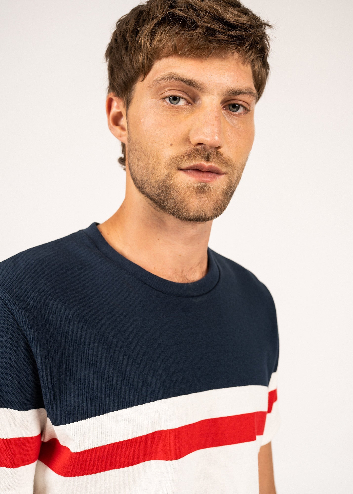 T-shirt à rayure placée Villers - en jersey de coton lourd (ECUME/TULIPE/MARINE)