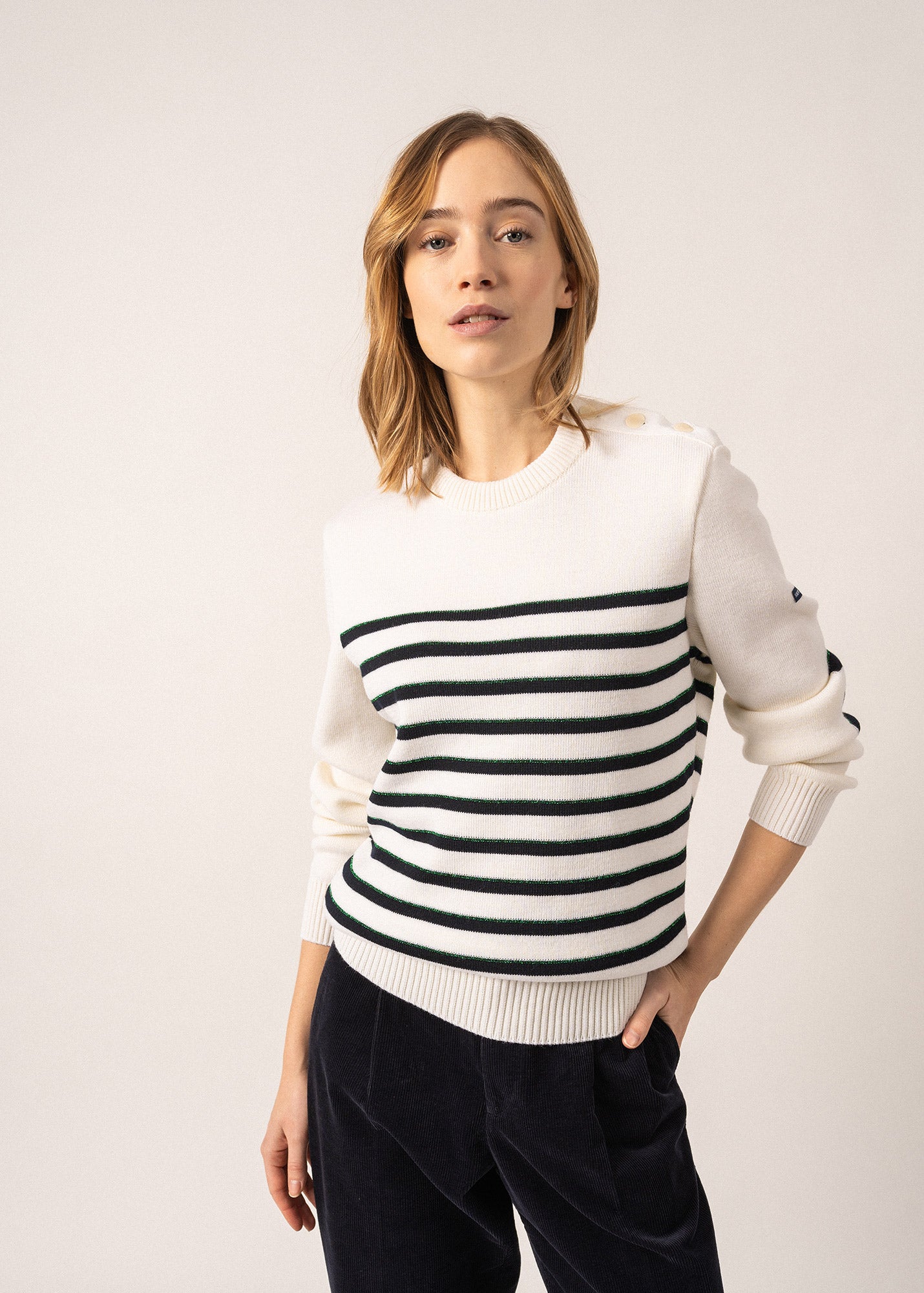 Pull esprit marin rayé Verdon - à coudières carrées, en laine (BLANC/NAVY/VERT)