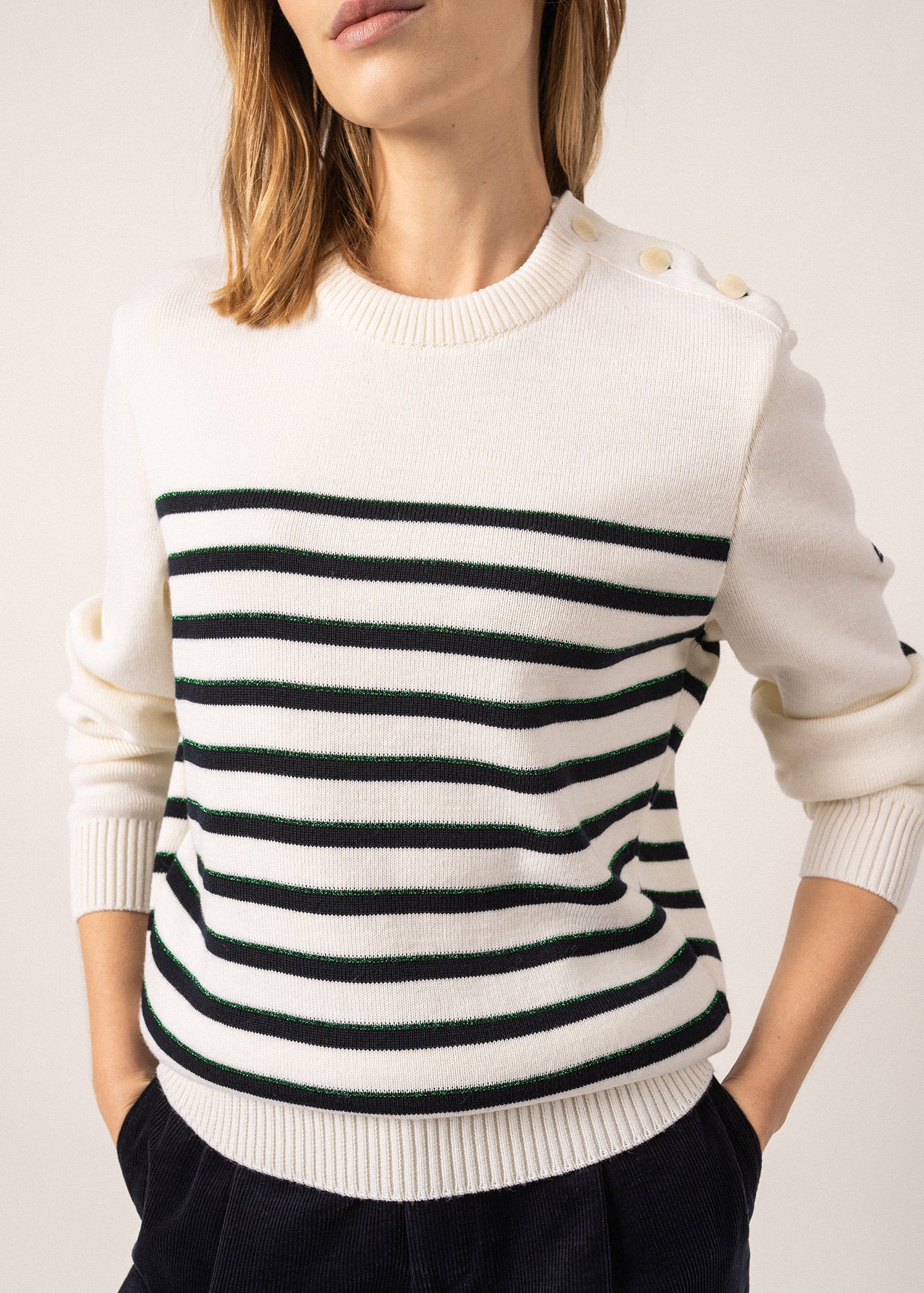 Pull esprit marin rayé Verdon - à coudières carrées, en laine (BLANC/NAVY/VERT)