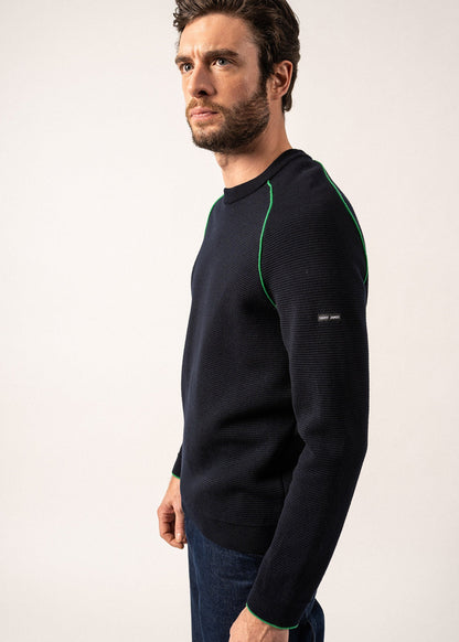 Pull en laine Vizile - col rond, à liseré contrasté (NAVY/TREFLE)