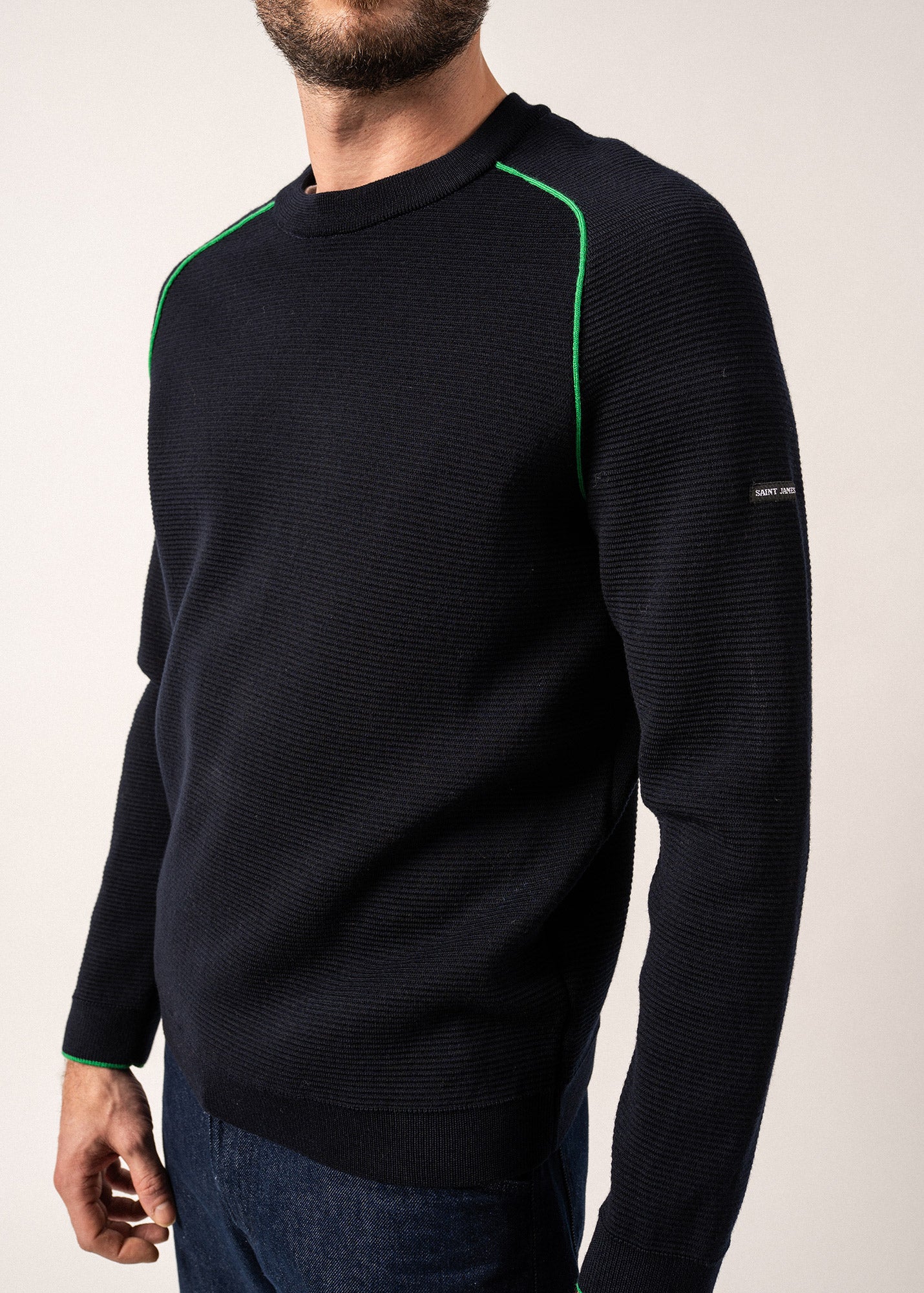 Pull en laine Vizile - col rond, à liseré contrasté (NAVY/TREFLE)