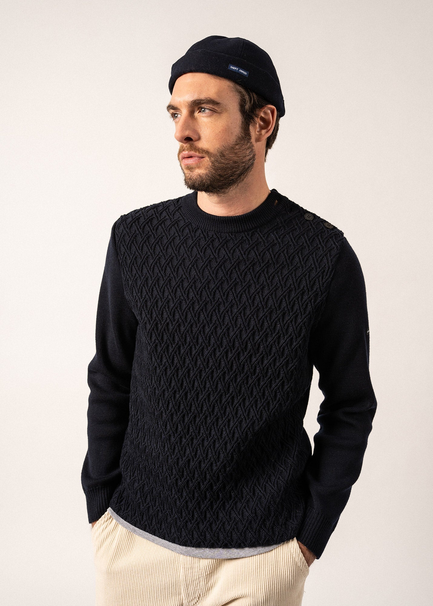 Pull marin en laine Moirans - à détails en maille structurée (NAVY)