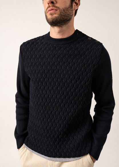 Pull marin en laine Moirans - à détails en maille structurée (NAVY)