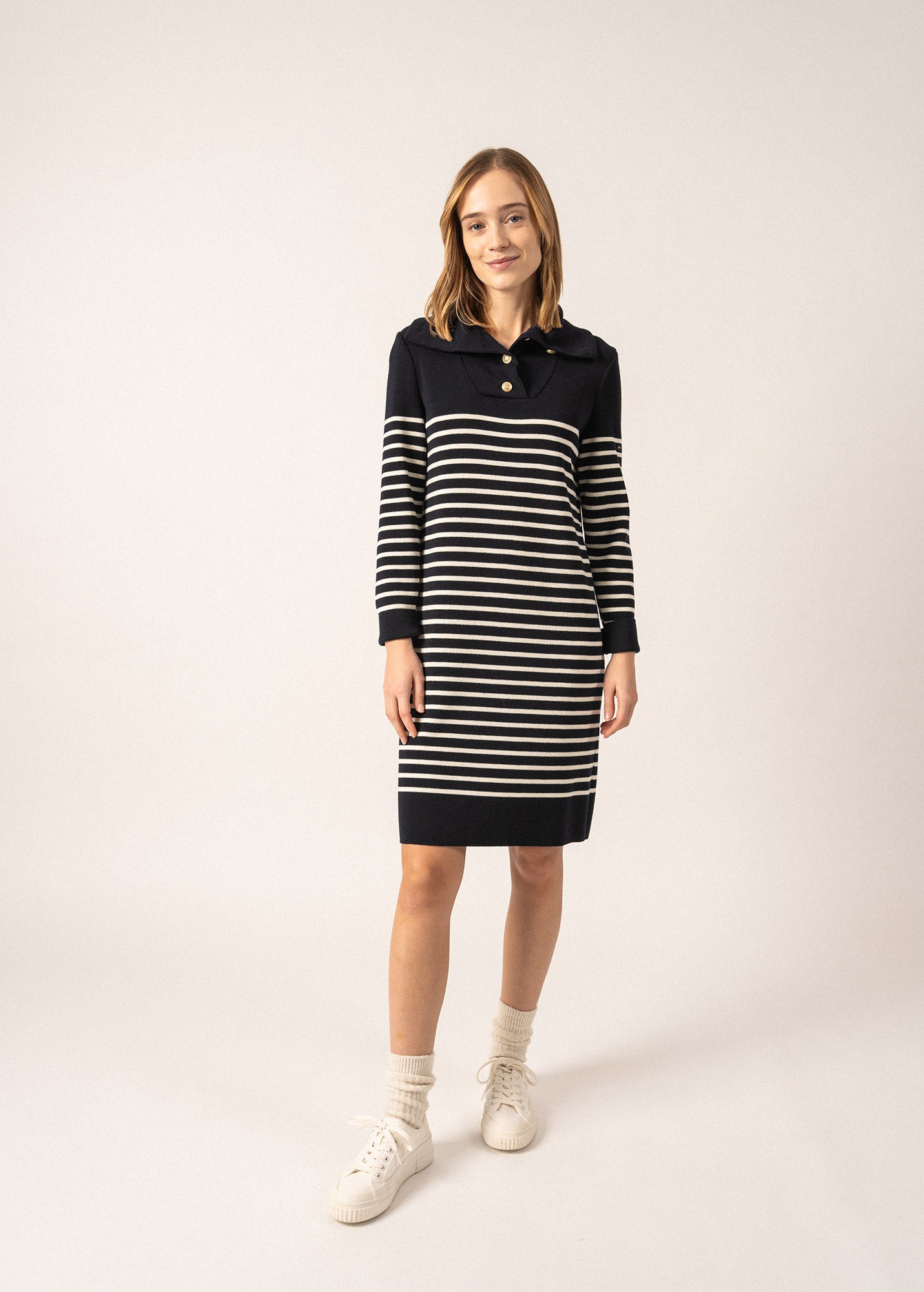 Robe rayée en laine Vague - à col boutonné (NAVY/ECUME)