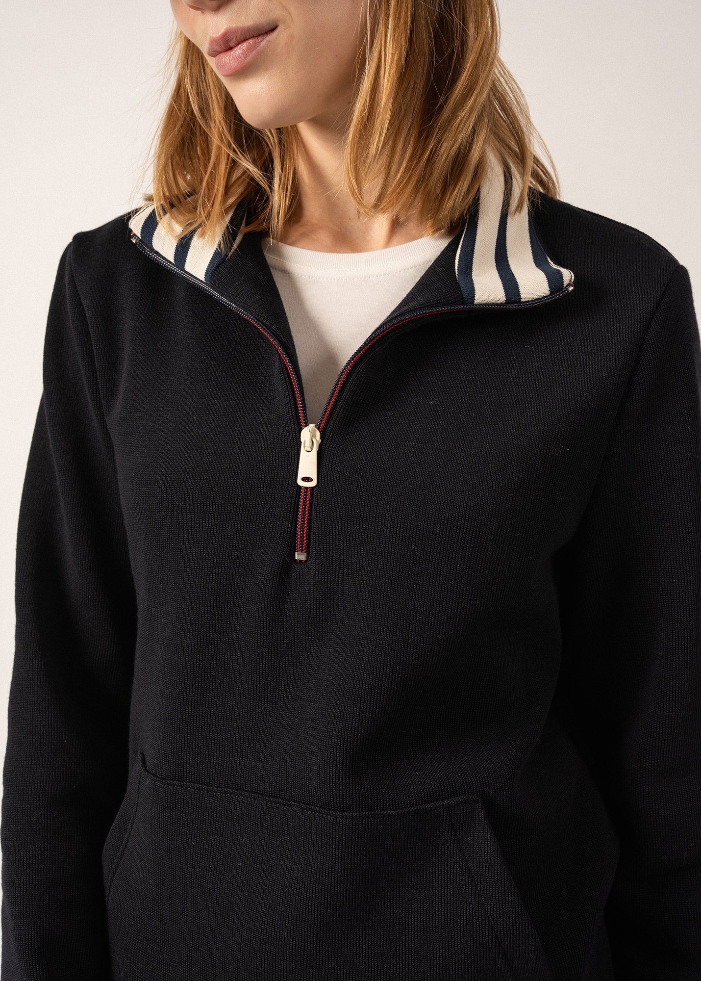 Sweat zippé Thonon - en laine et coton (NAVY)