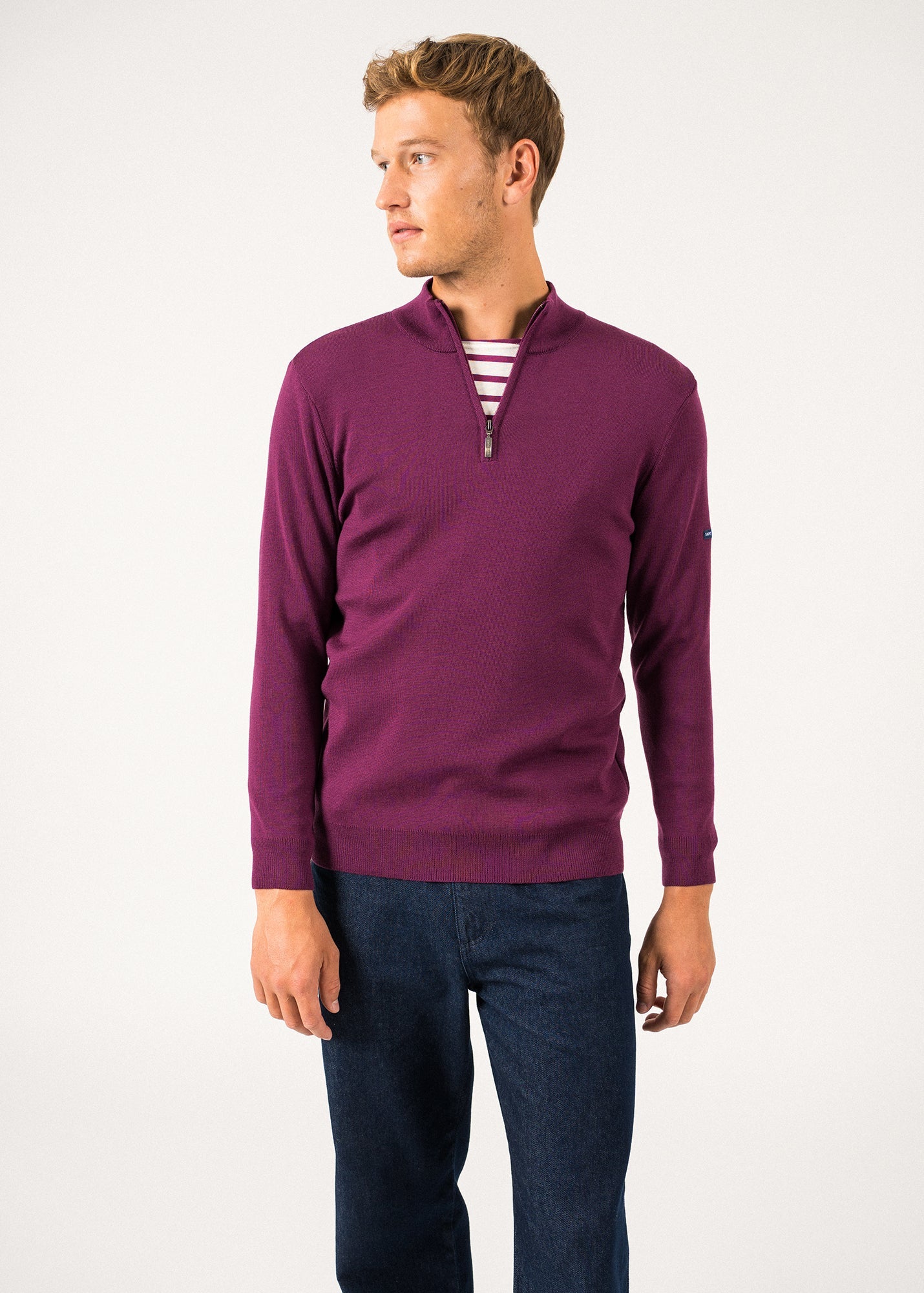 Pull col montant zippé Crossley - en laine douce (PRUNE/NAVY)