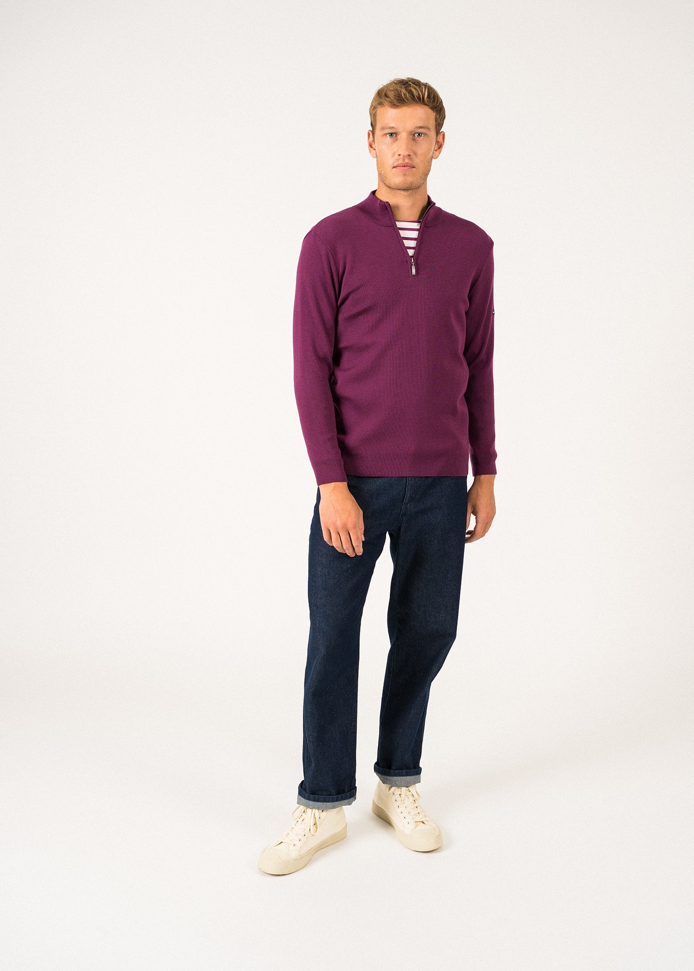 Pull col montant zippé Crossley - en laine douce (PRUNE/NAVY)