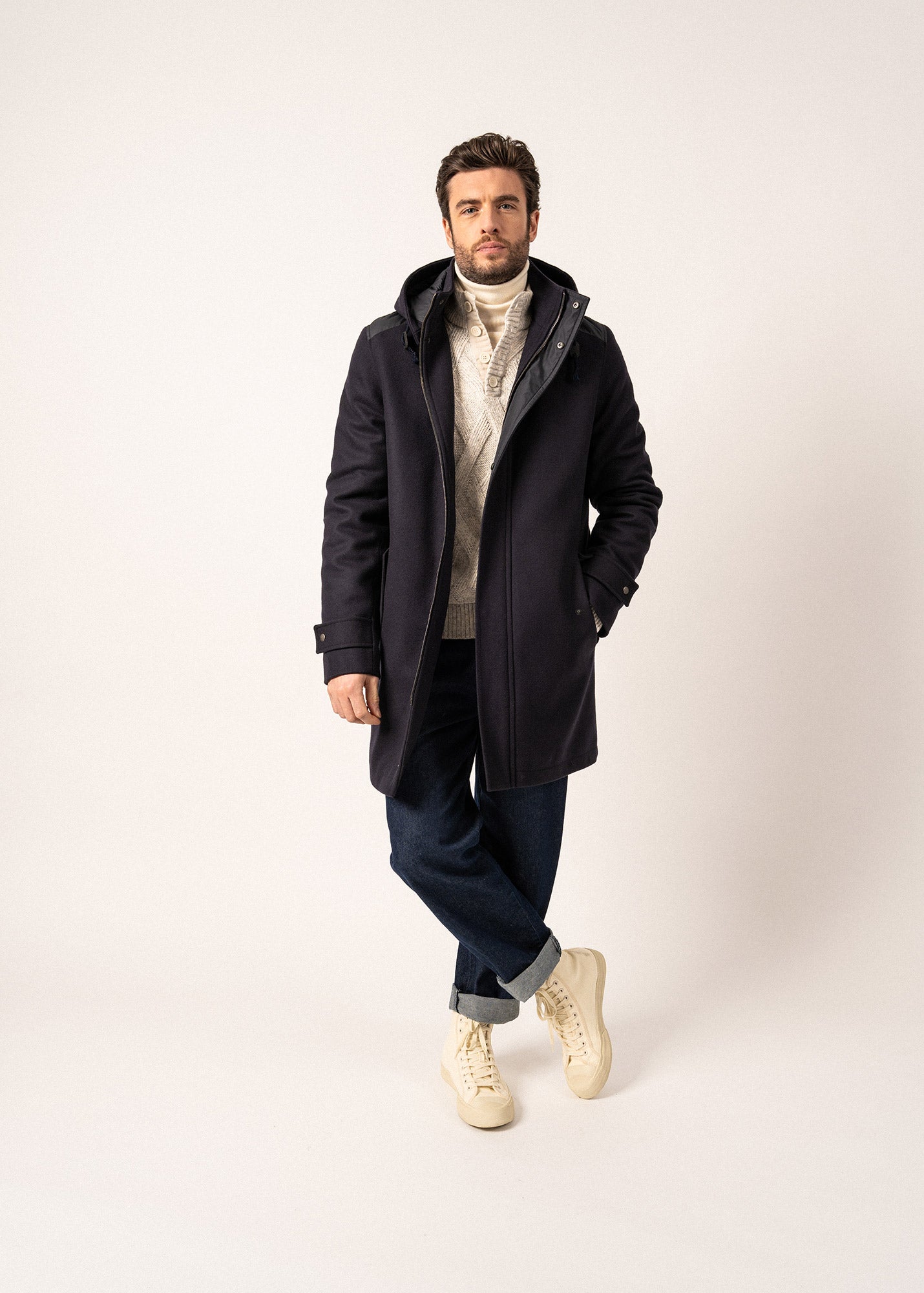 Manteau long en laine St Sydney - à capuche amovible (NAVY)