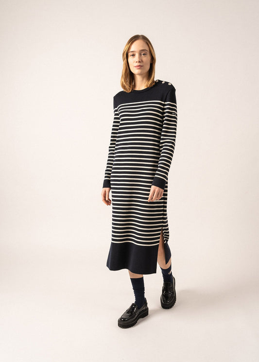 Robe pull longue Marée - rayée, en laine (NAVY/ECUME)