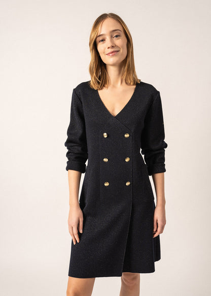 Robe en laine Royale Lurex - à col V croisé (NAVY/CHAMPAGNE)