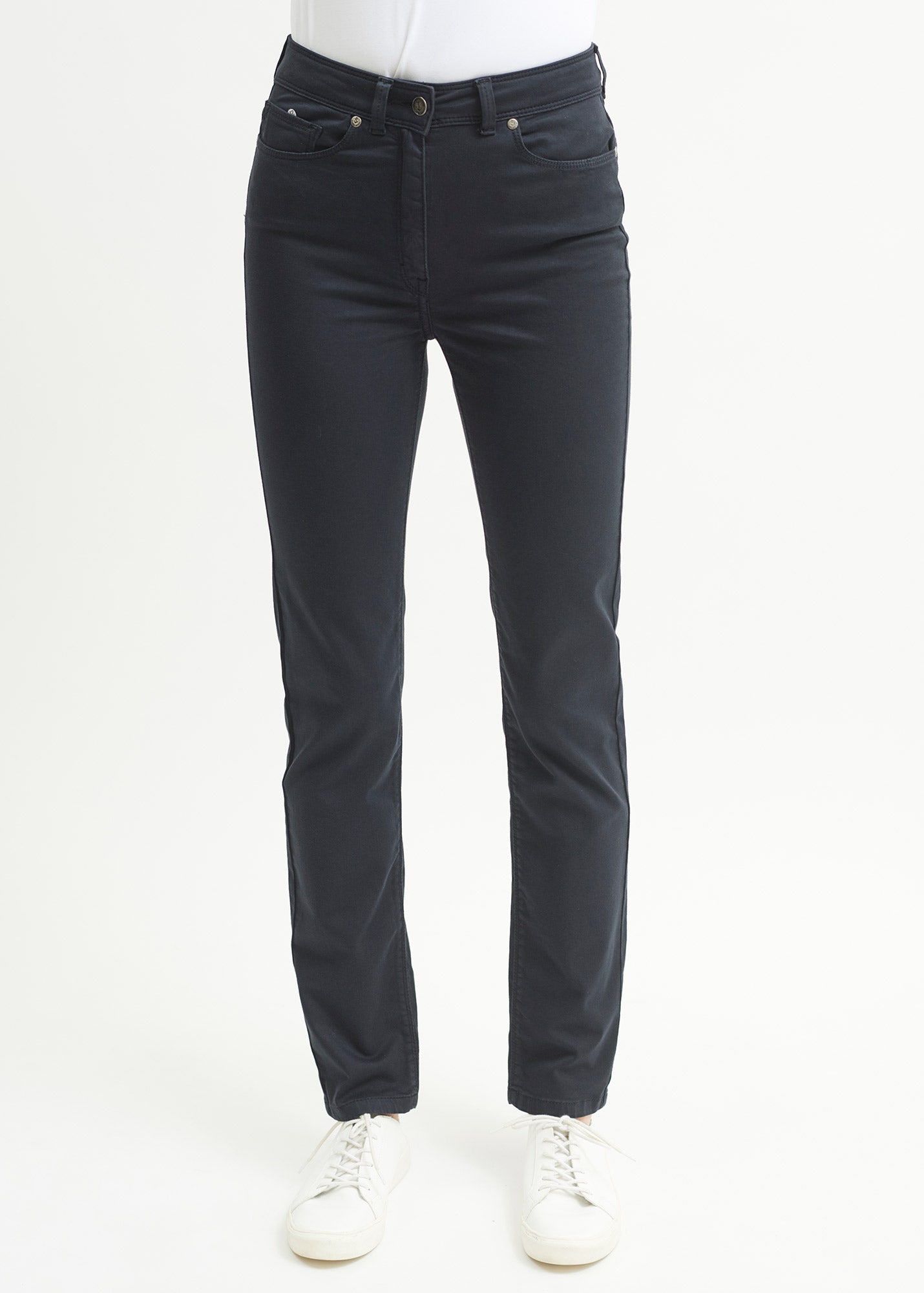 Pantalon taille haute Mimosa - coupe slim en coton stretch (NAVY)