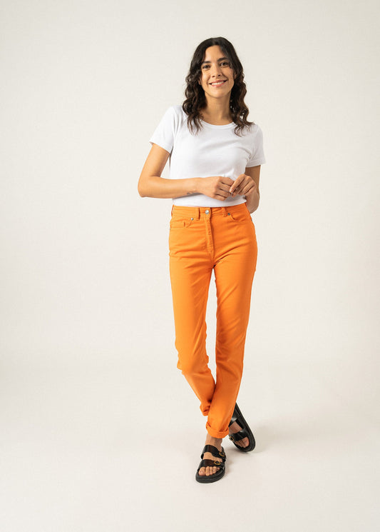 Pantalon taille haute Mimosa - coupe slim en coton stretch (TANGERINE)