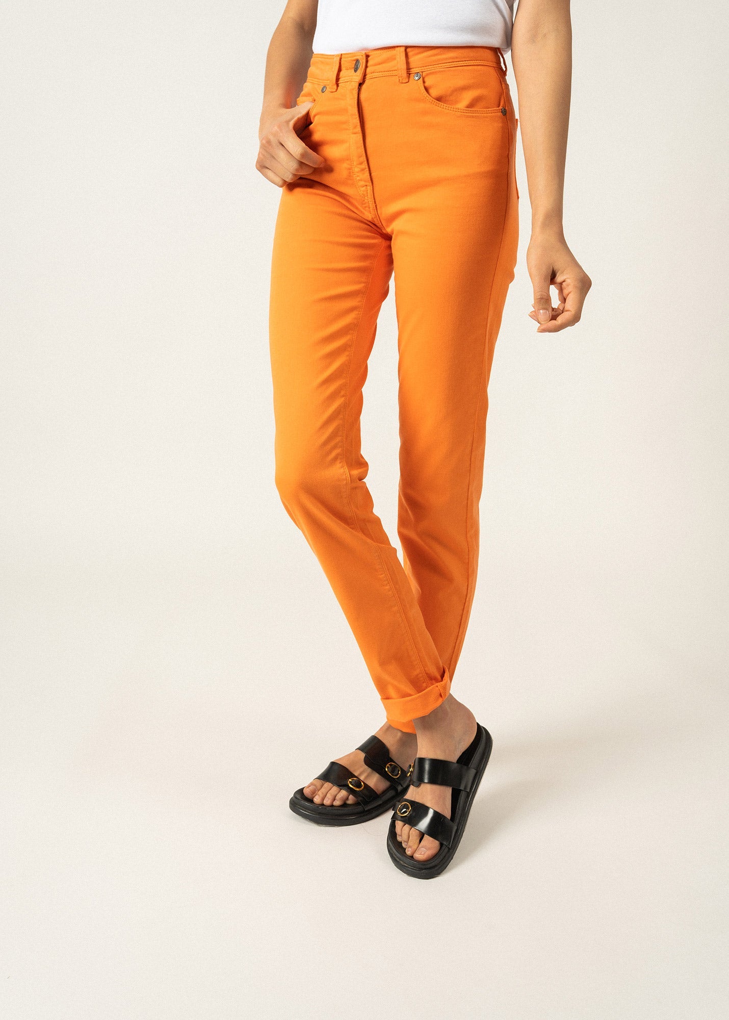 Pantalon taille haute Mimosa - coupe slim en coton stretch (TANGERINE)