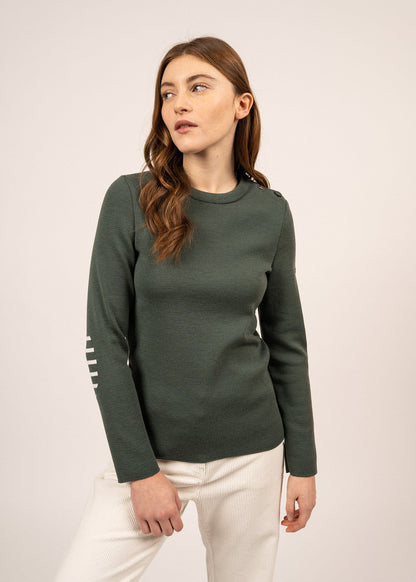 Pull marin uni Brégançon - coudières marinières, en maille de laine (NAVY)