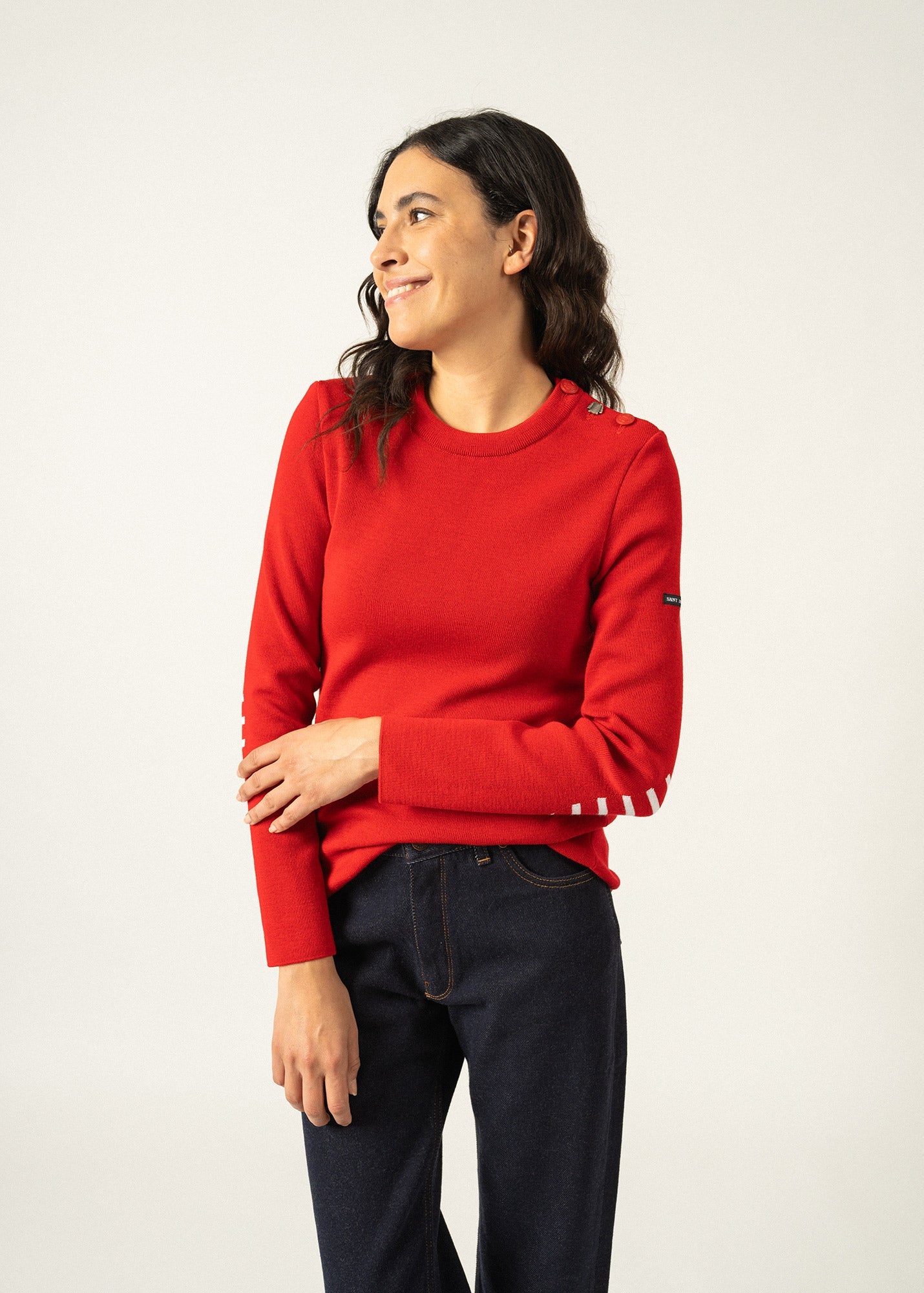 Pull marin uni Brégançon - coudières marinières, en maille de laine (NAVY)