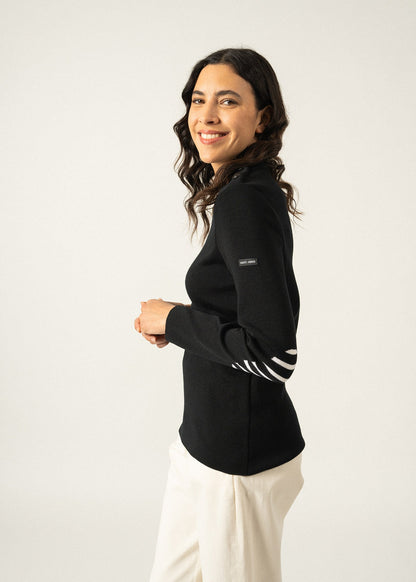 Pull marin uni Brégançon - coudières marinières, en maille de laine (NAVY)