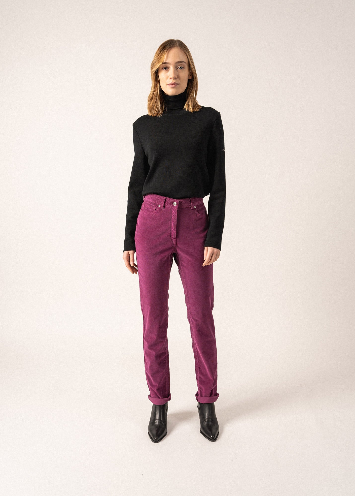 Pantalon Mimosa - taille haute, en velours milleraies (PRUNE)