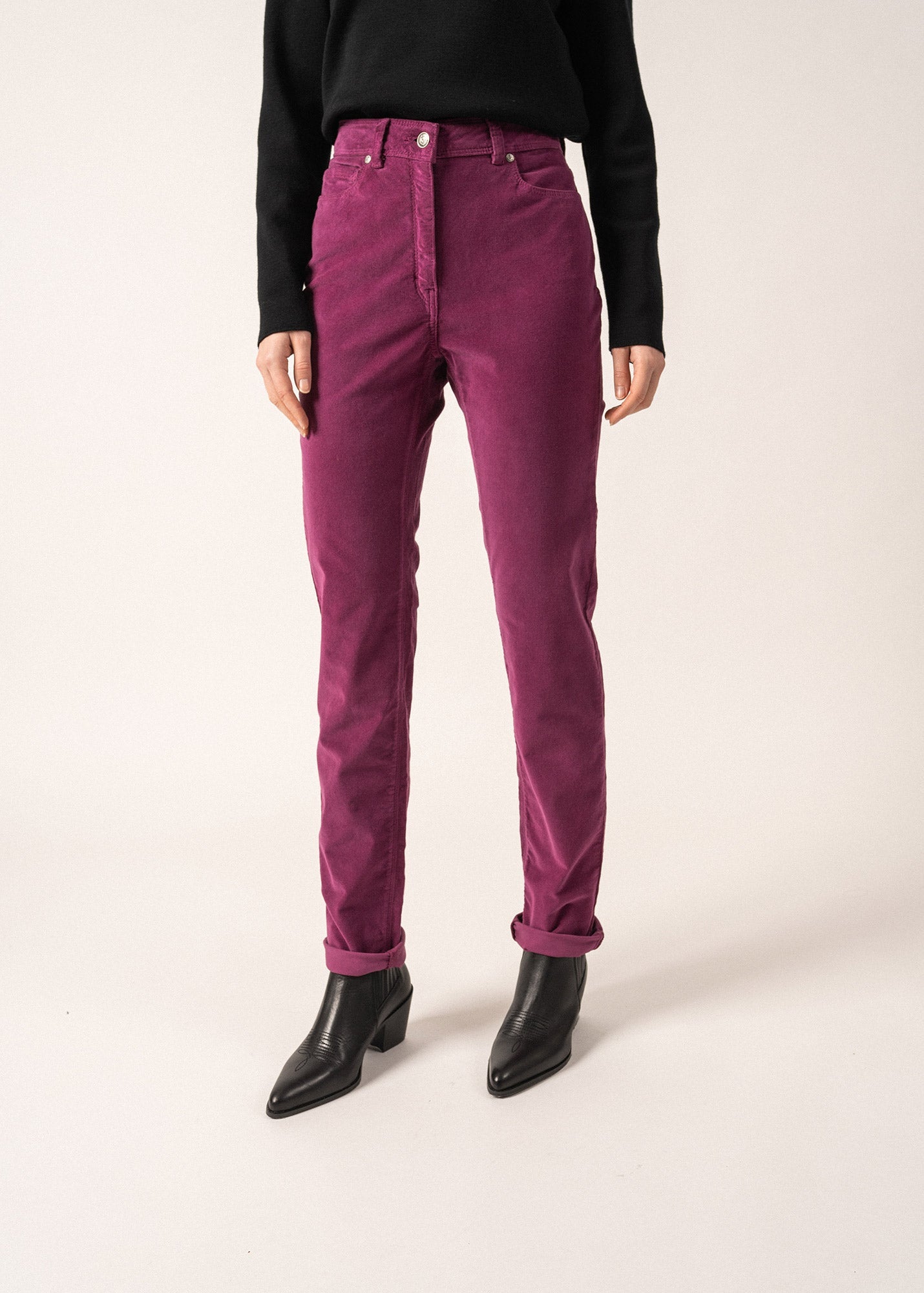 Pantalon Mimosa - taille haute, en velours milleraies (PRUNE)