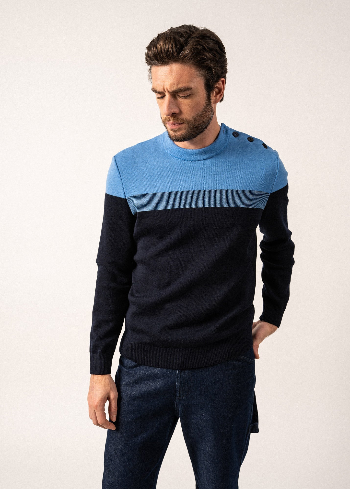 Pull marin Aquitaine - coupe confort, en laine (MARINE/OXYGENE)