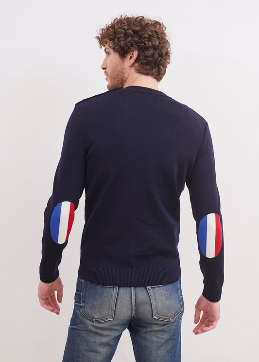 Pull Mondiovision France - en laine, à coudières contrastées (NAVY/MULTICO)